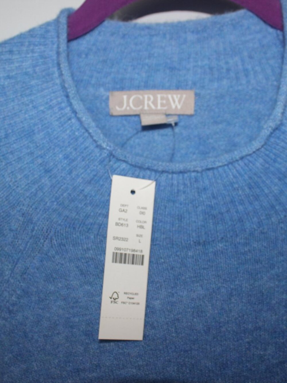 NWT J CREW WOMENS SOFT BLUE MERINO BLEND WOOL SWEATER WITH MOCK NECKLINE IN SZ L